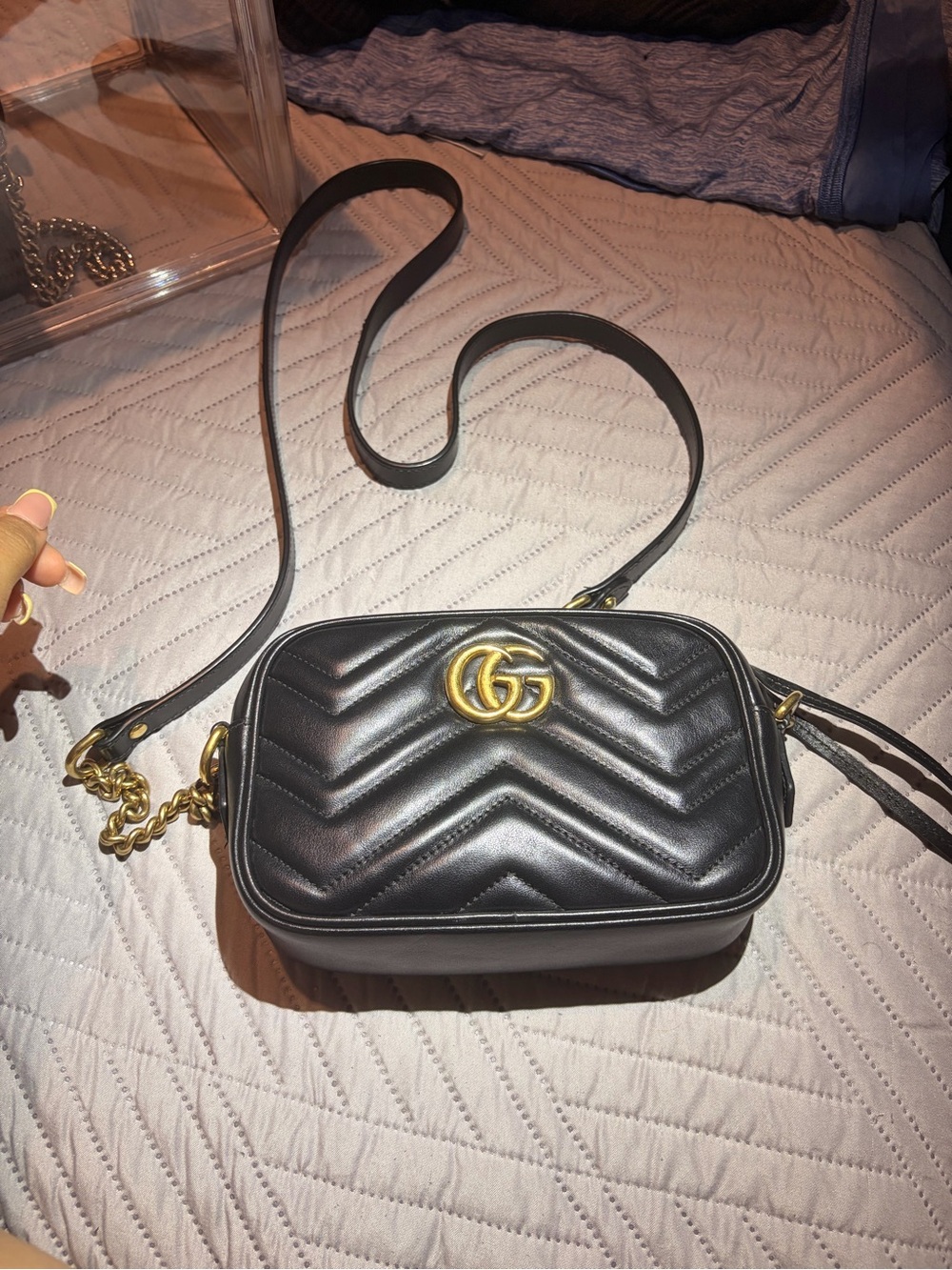 Gucci Black Chevron GG Marmont Small Camera Bag with Gold Hardware